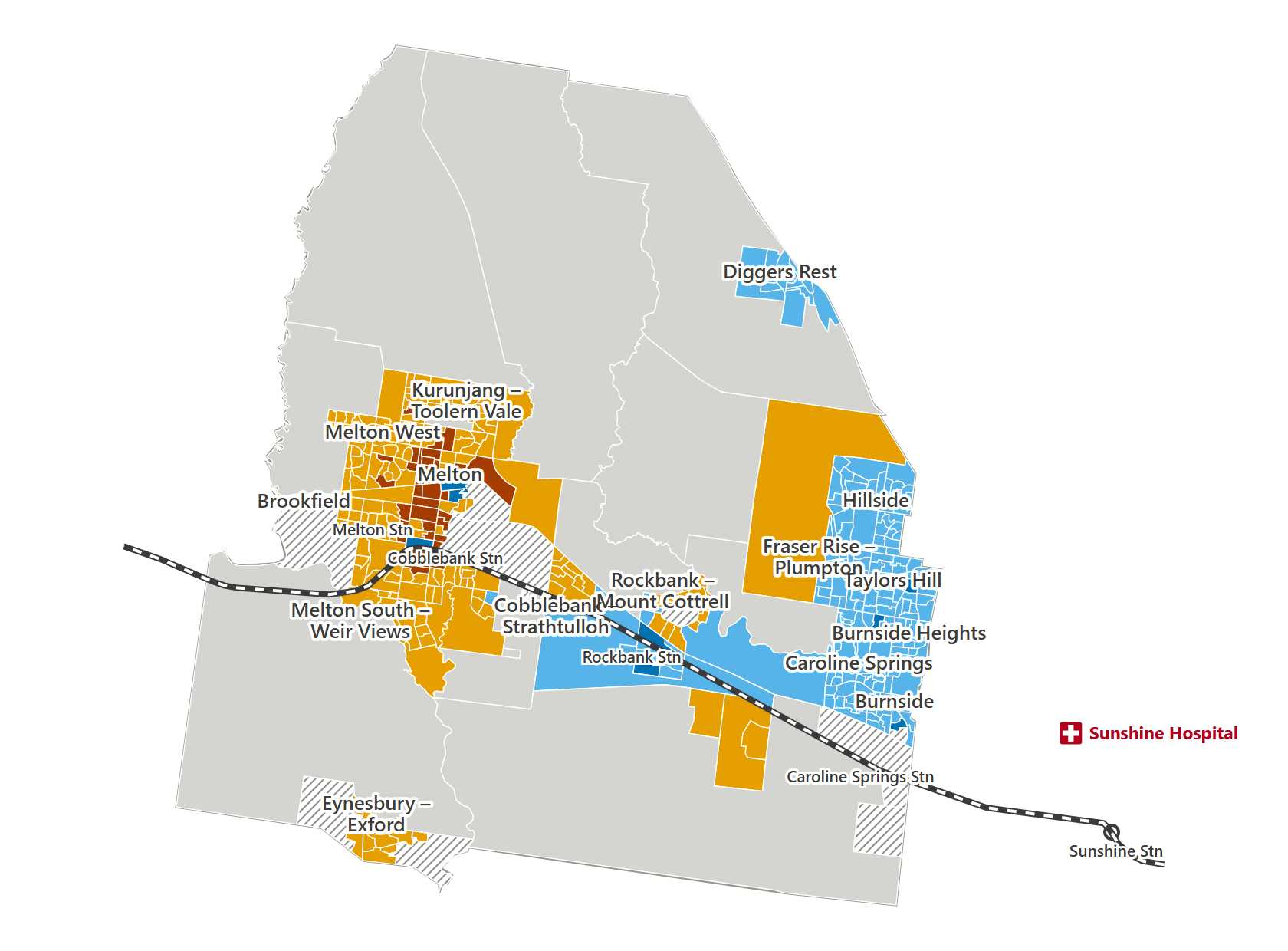 Map: bus–train timing, leaving hospital at 6&nbsp;pm. No area is circled: no area stops being a priority area.