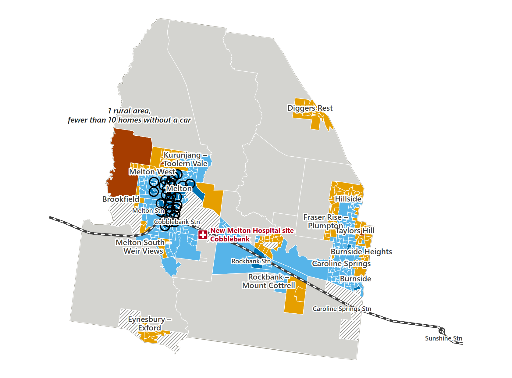 Map: Cobblebank site, leaving hospital at 6&nbsp;pm. 30 areas are circled: they are no longer priority areas.