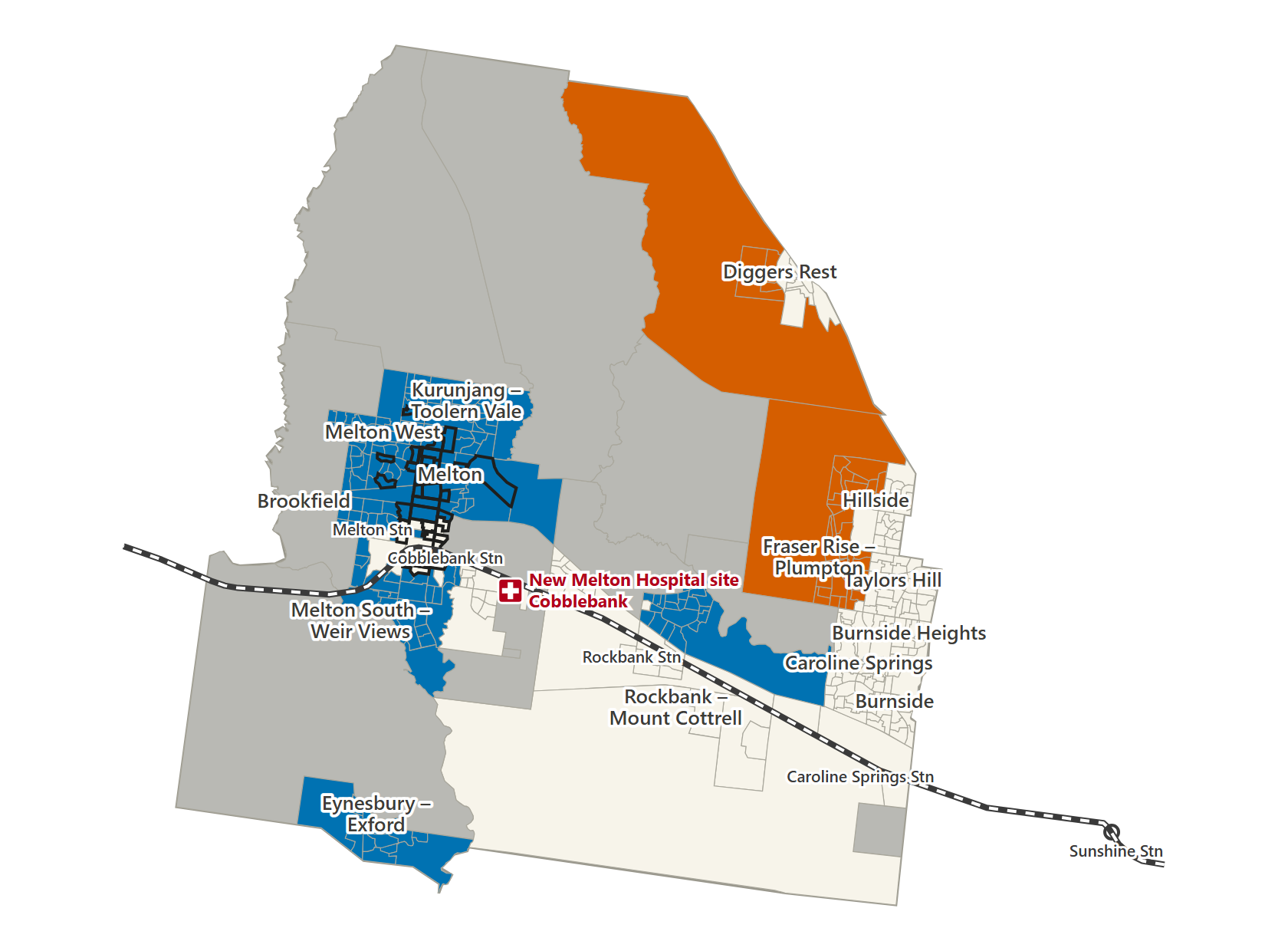 Map: Cobblebank site, leaving hospital at 8:30&nbsp;pm. 168 areas, in dark blue, get a trip home they do not have on the Sept 2026 timetable; 41 areas, in orange, lose their trip home.