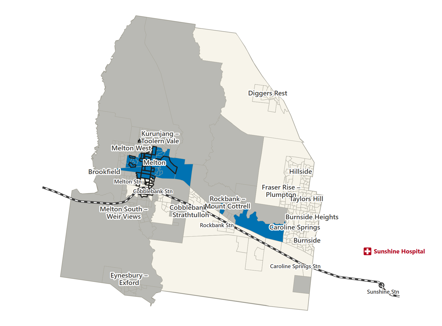 Map: later buses, leaving hospital at 8:30&nbsp;pm. 45 areas, in dark blue, get a trip home they do not have on the Sept 2026 timetable; 19 of them are outlined priority areas. No area loses its trip home.