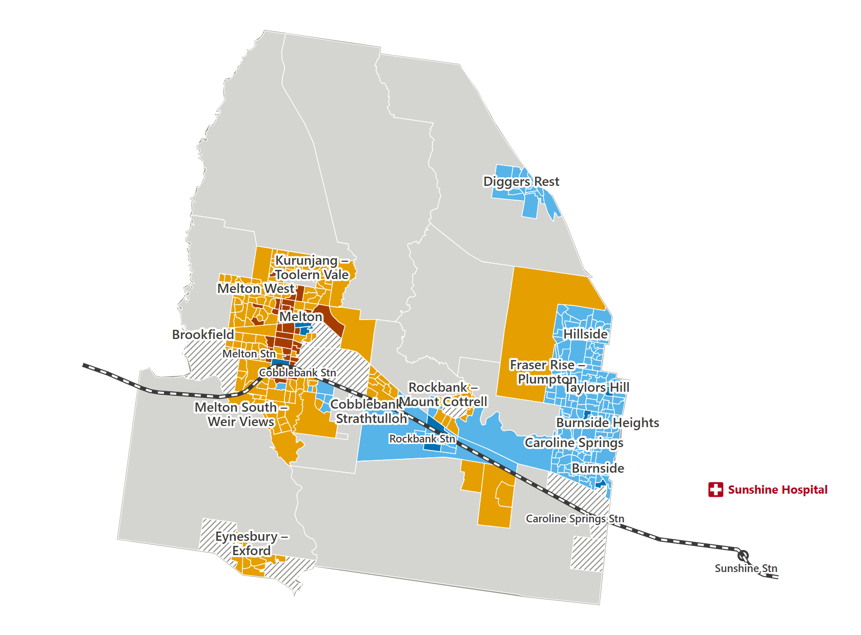 Map of the City of Melton, leaving hospital at 6&nbsp;pm. 31 priority areas are shown in dark orange-brown.