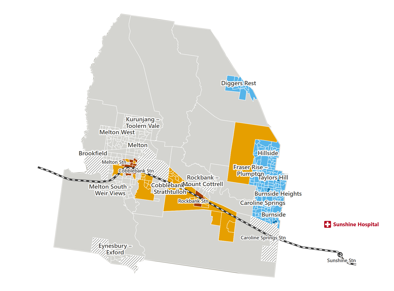 Map of the City of Melton, leaving hospital at 8:30&nbsp;pm. 180 areas have no trip home; almost all of them are grey.